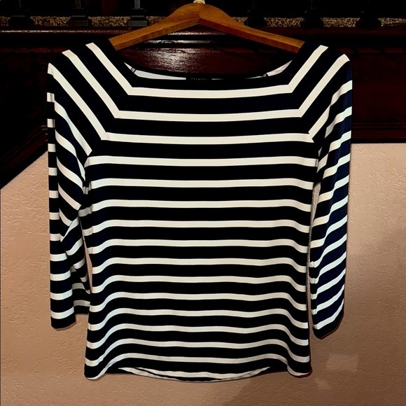 Talbots Women’s Size Small Navy Blue & White Stripes 3/4” Sleeve Nautical Blouse - Picture 1 of 3